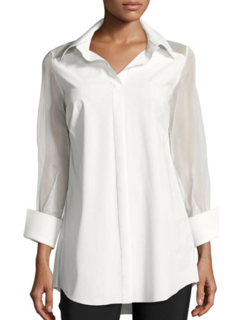 Chiara Boni White Sheer-Sleeve Button-Down Blouse sz 38 #V1